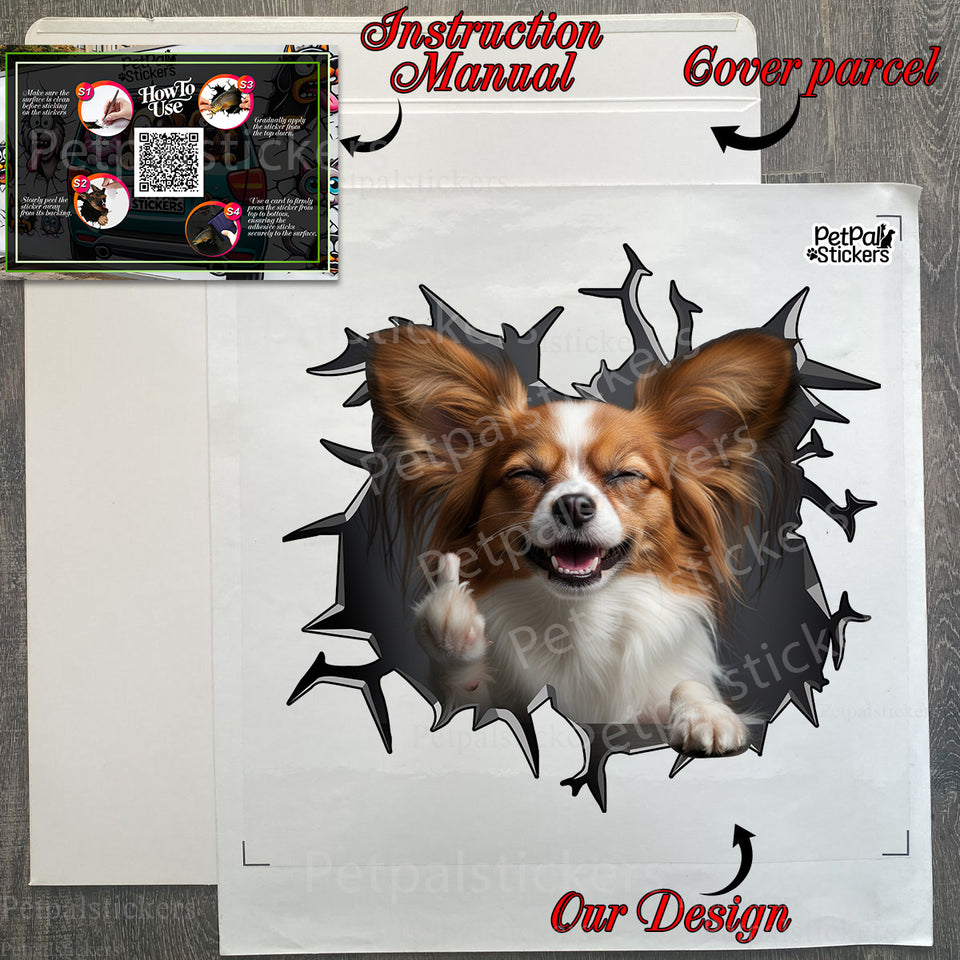 Carefully packaged Papillon vinyl decal shown inside the shipping package.