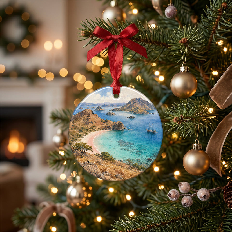 Ceramic Pink Beach keepsake hanging gracefully among warm glowing lights on a Christmas tree branch.