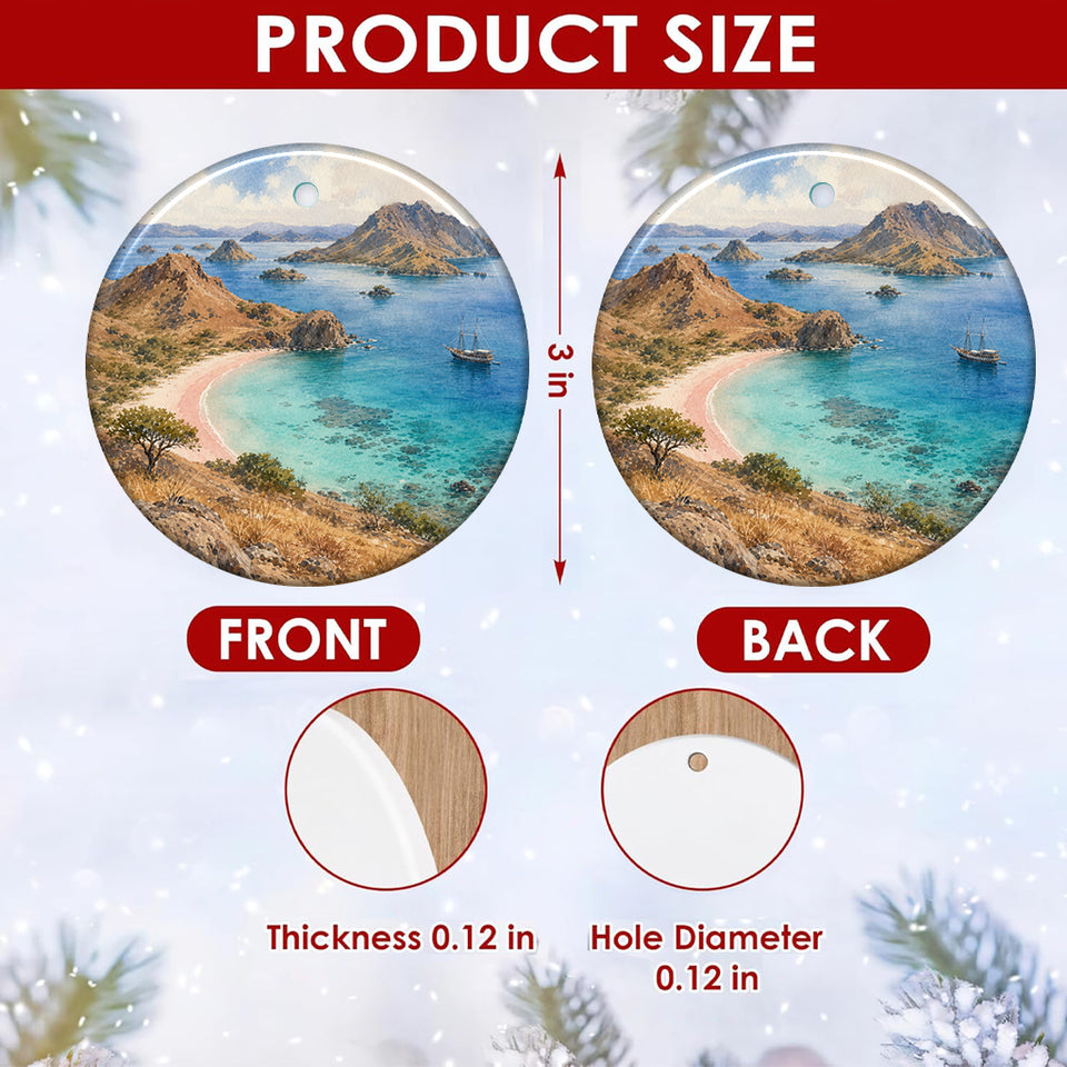 Product size chart detailing the 3-inch diameter measurements and double-sided print of the ceramic ornament.