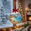 Tropical island souvenir ornament suspended in front of a frosty winter window catching soft morning daylight.