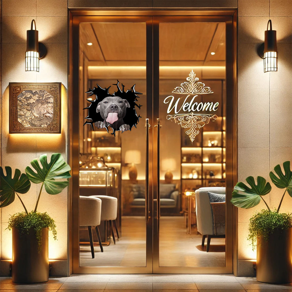 Decorative Pitbull pet vinyl sticker placed on the smooth surface of a door.