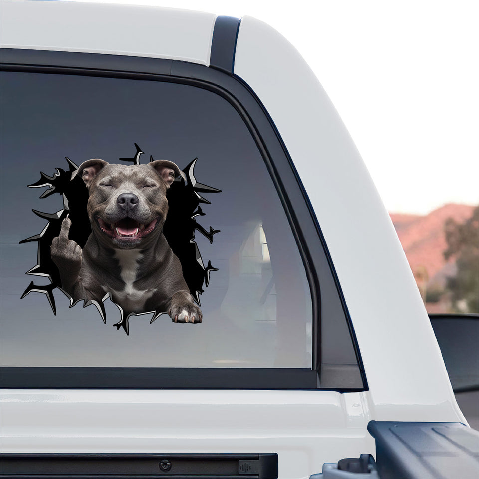 Vibrant Pitbull window sticker displayed on the rear glass of a truck.