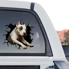Standalone product design of a funny Pitbull peeking through a cracked glass car window.