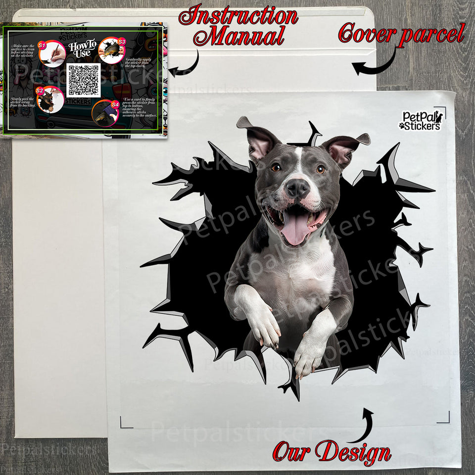 Unboxed Pitbull decal alongside protective package and clear step-by-step application instructions.