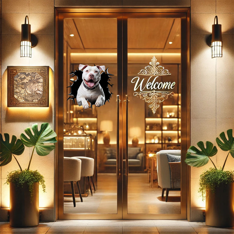 Clear vinyl Pitbull sticker affixed to an interior wooden door in a modern home.