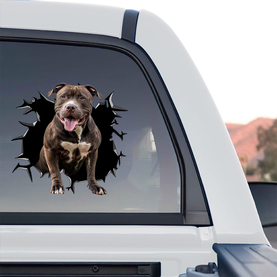 Eye-catching Pitbull decal displayed on the rear window of a truck parked outdoors.