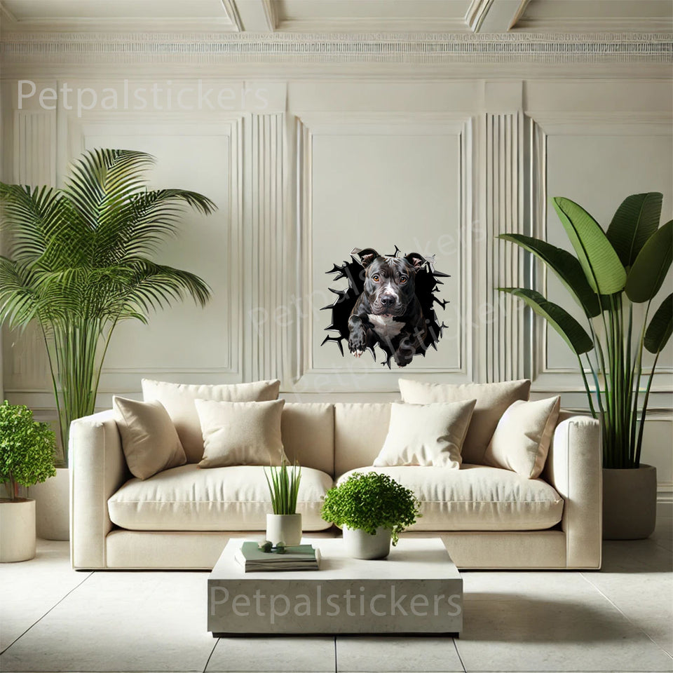 Playful Pitbull cracked glass wall decal brightening up a modern room space.