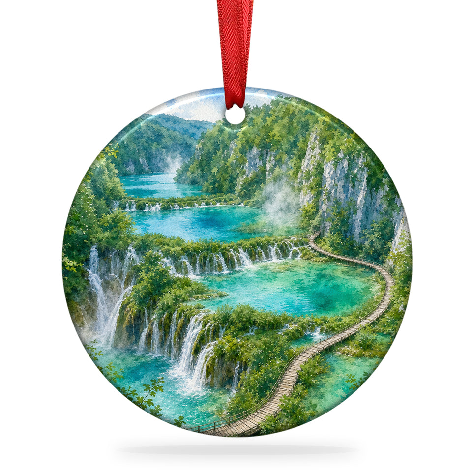 Plitvice Lakes National Park ceramic ornament shown against a plain white background.