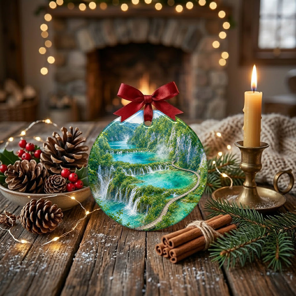 Decorative Croatia park ornament styled on a rustic table next to a pinecone and candle.