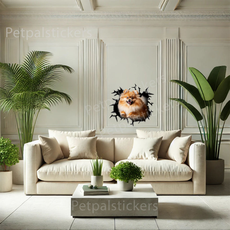 Detailed Pomeranian vinyl art decorating a smooth interior wall in a modern living room.