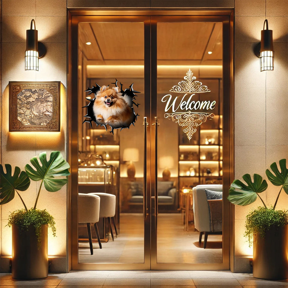 Charming Pomeranian decal placed on a glass patio door to welcome visiting guests.