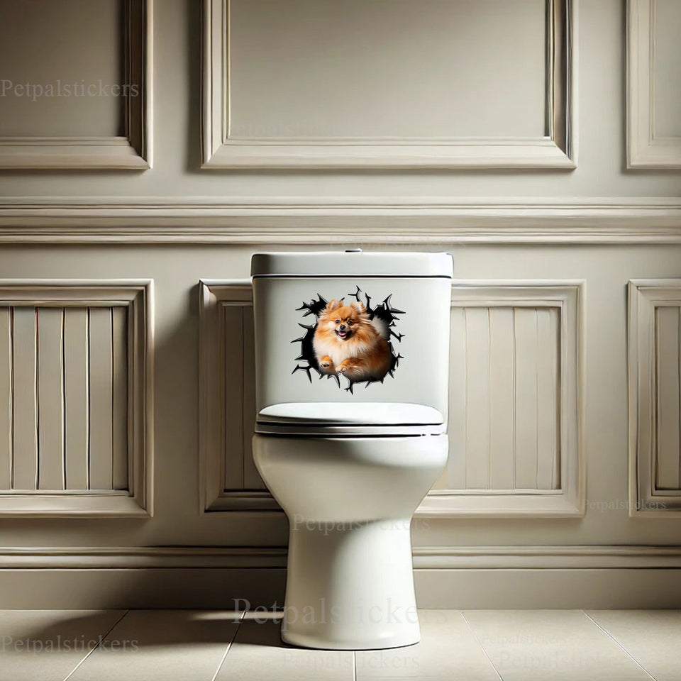 Playful Pomeranian graphic decal applied to a smooth white toilet tank surface.