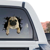 Adhesive Pug vinyl graphic displayed prominently on the rear window of a truck.
