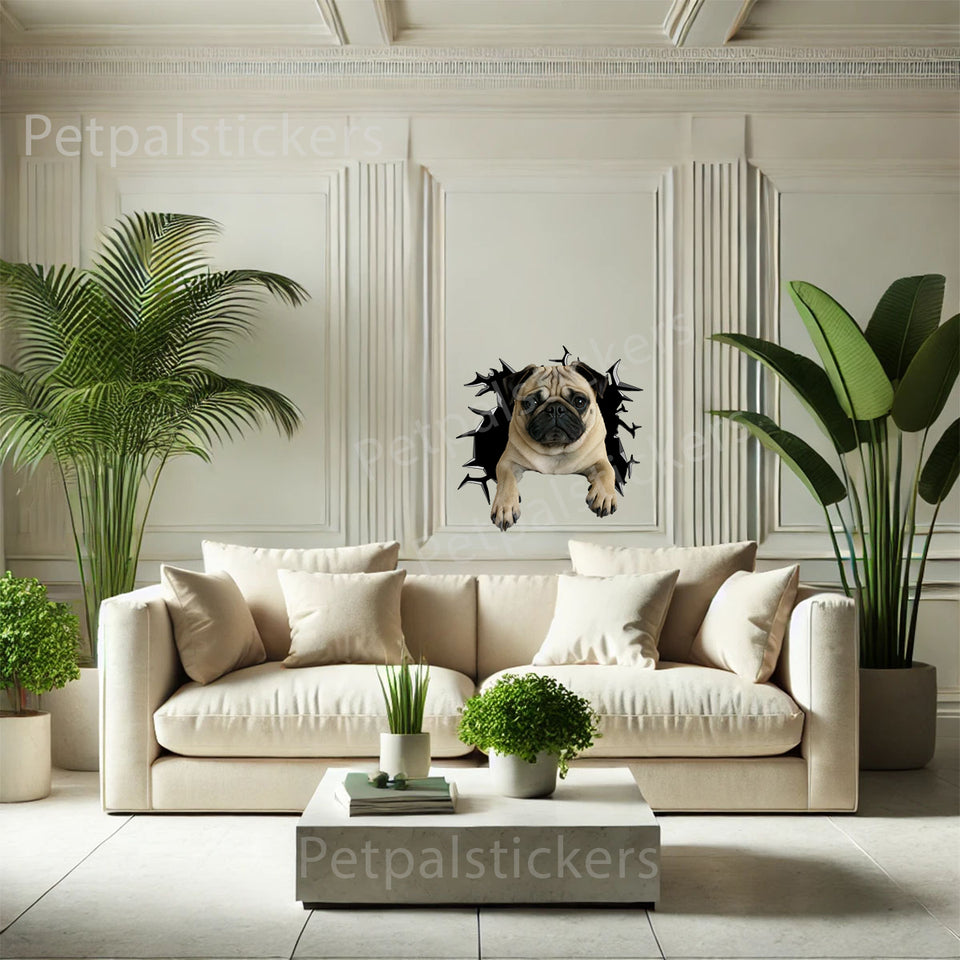 Detailed Pug art decal decorating a clean, smooth interior bedroom wall surface.