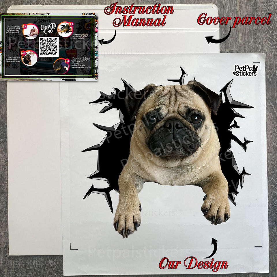 Carefully packaged Pug vinyl decal inside the retail package with installation sheet.