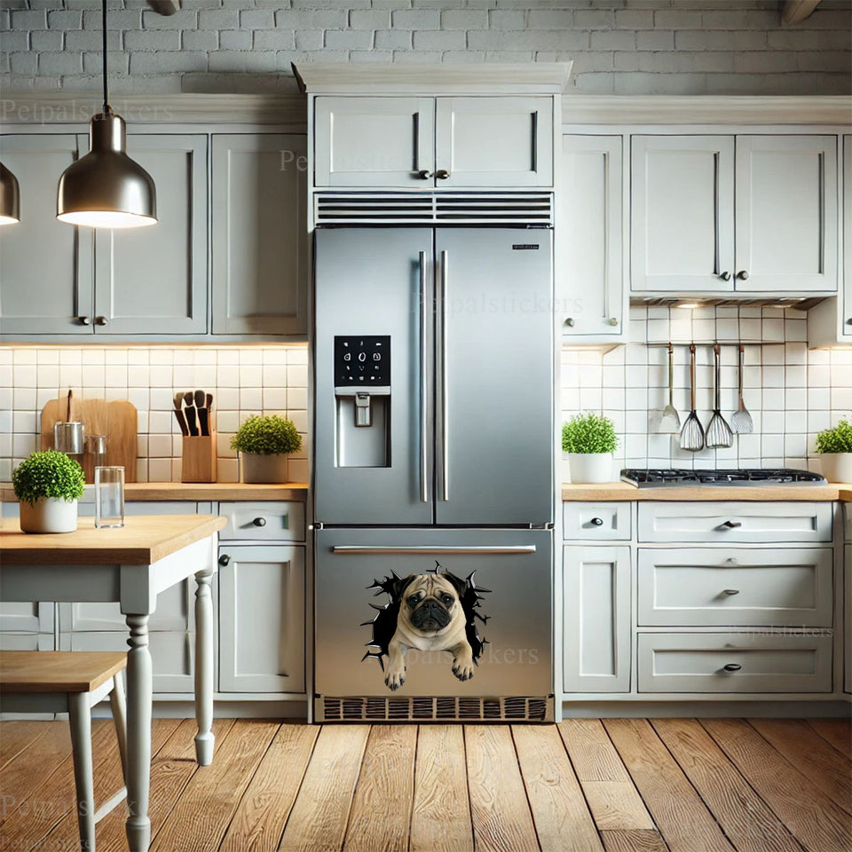 Waterproof Pug dog sticker adding playful animal artwork to a kitchen refrigerator.