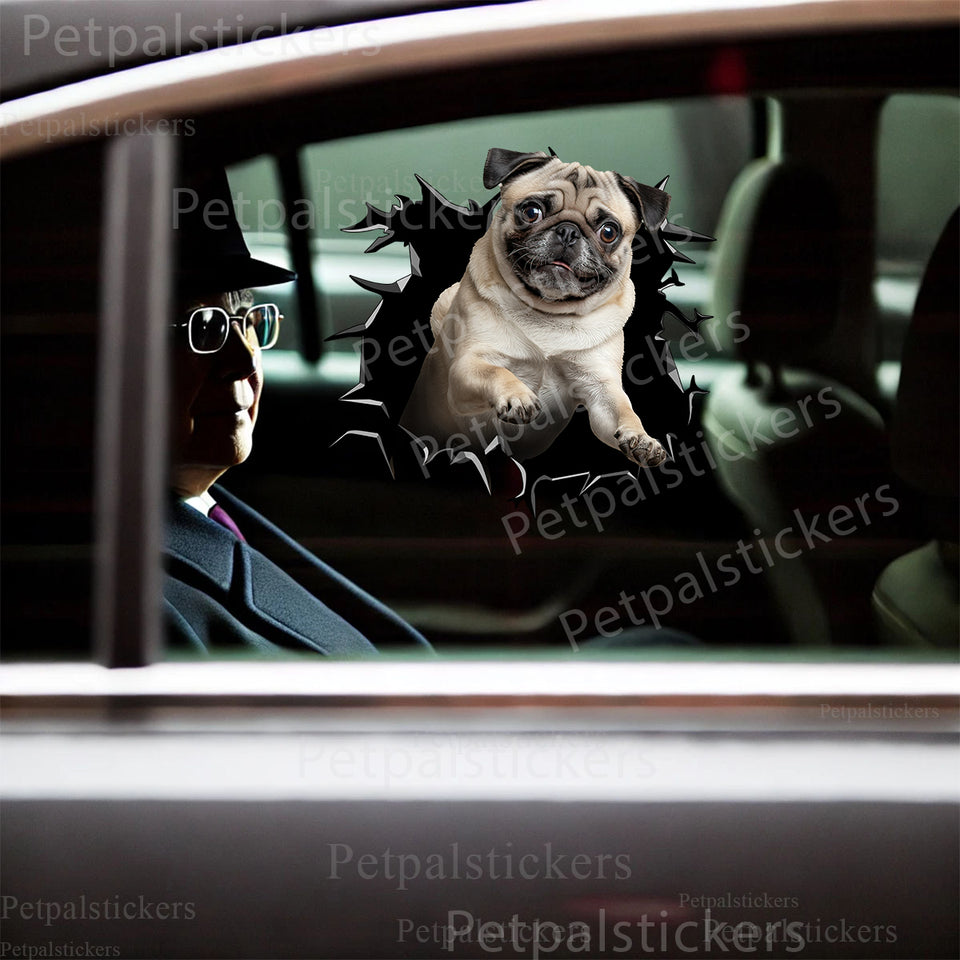 Vibrant Pug sticker installed smoothly onto the exterior of a white car door.