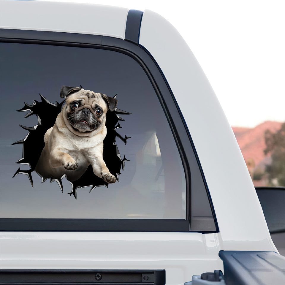 Glossy Pug car decal clearly visible on the rear window of a truck.