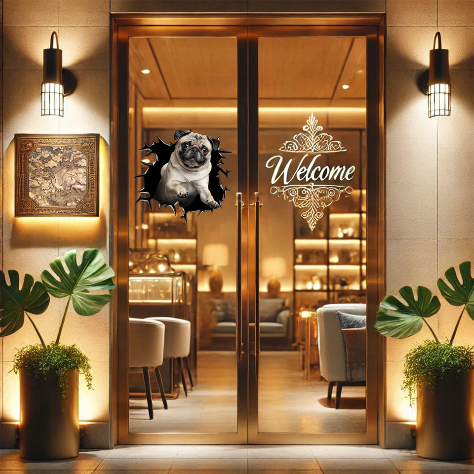 Adorable Pug dog vinyl decal placed flat on a smooth interior glass door.