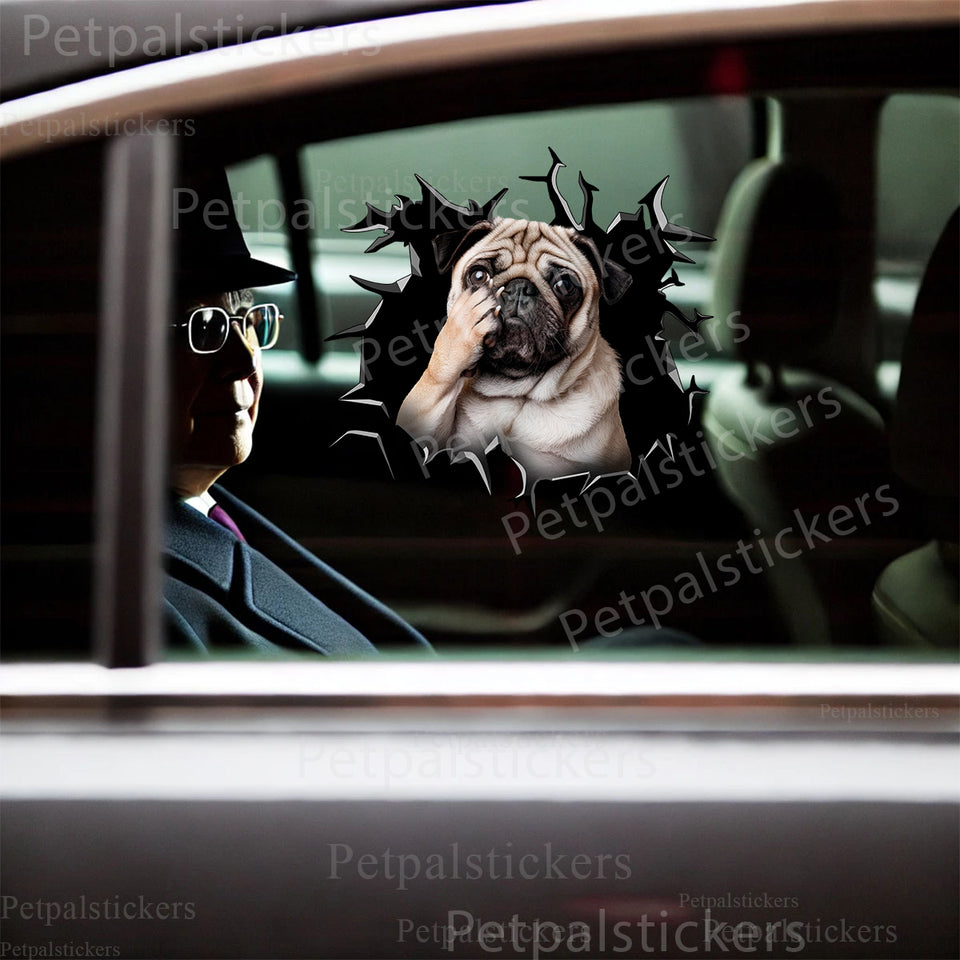 Funny Pug graphic sticker smoothly applied to the exterior car door of a white vehicle.