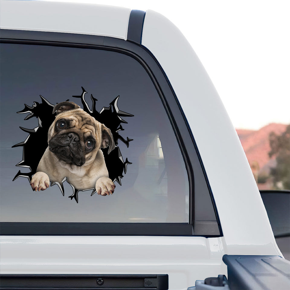 Adorable Pug decal applied smoothly to the rear glass of a truck outdoors.