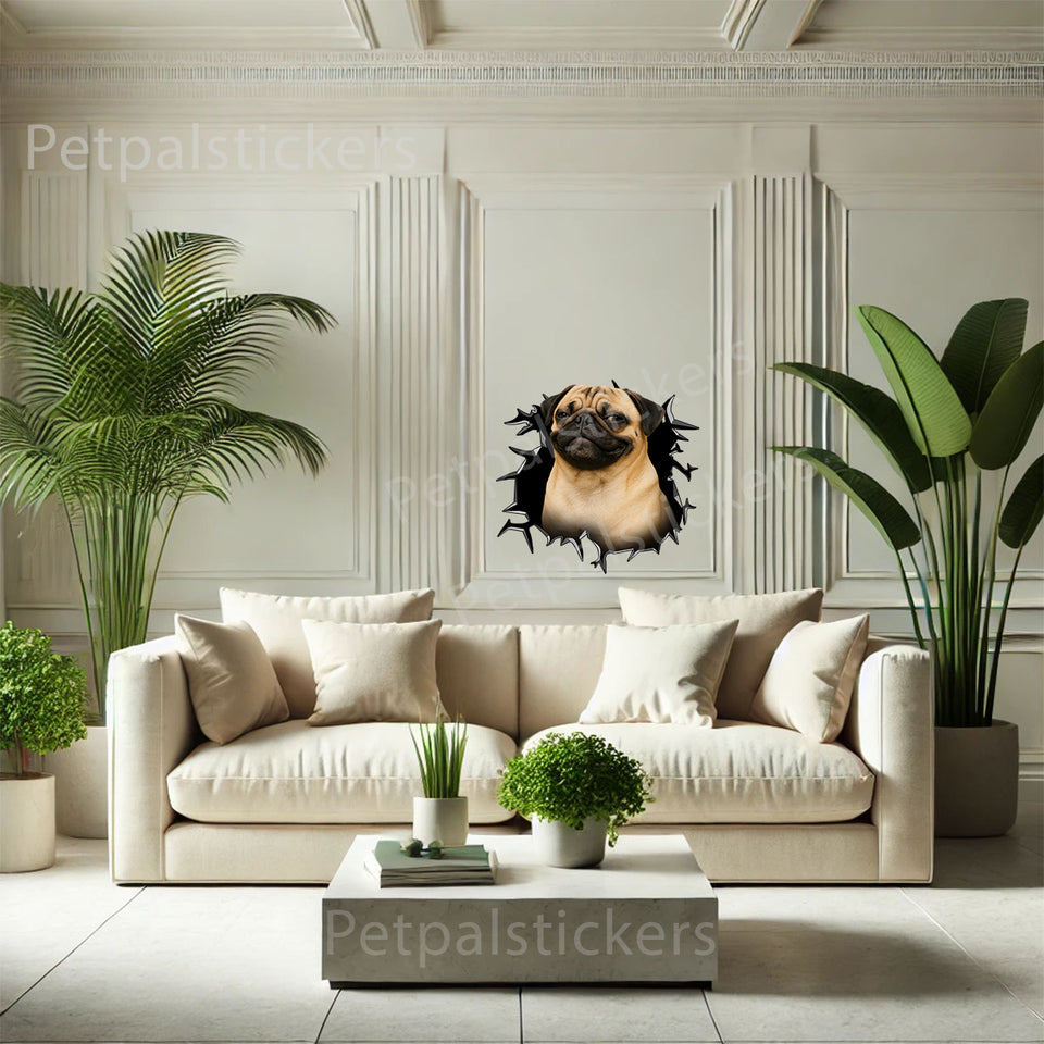 Playful Pug  For Laptop decorative vinyl decal mounted on an indoor room wall surface.