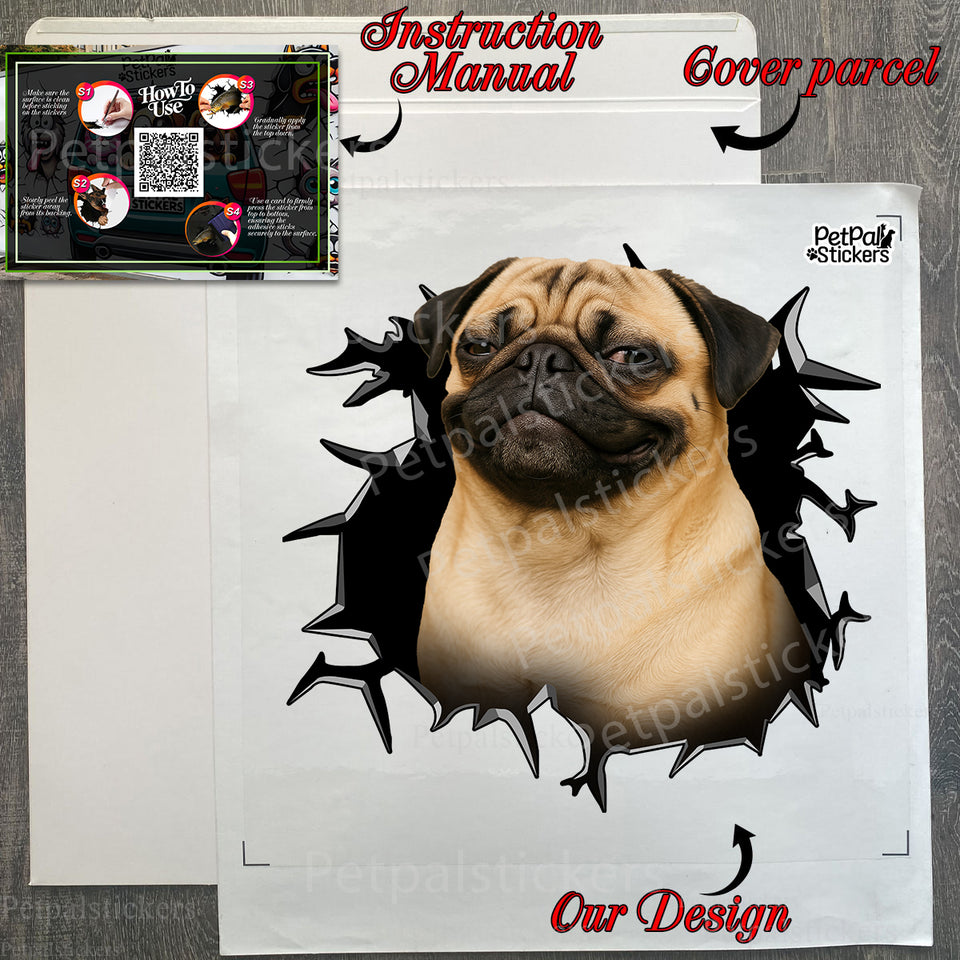 Unboxed Pug  For Laptop decal with protective package backing ready for application.