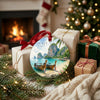 Tropical beach souvenir ornament placed beside wrapped holiday gifts and a glowing fireplace.