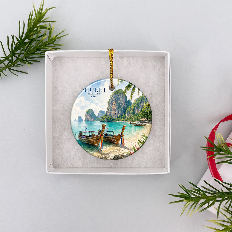 The round ceramic keepsake resting inside an opened white gift box ready for holiday gifting.