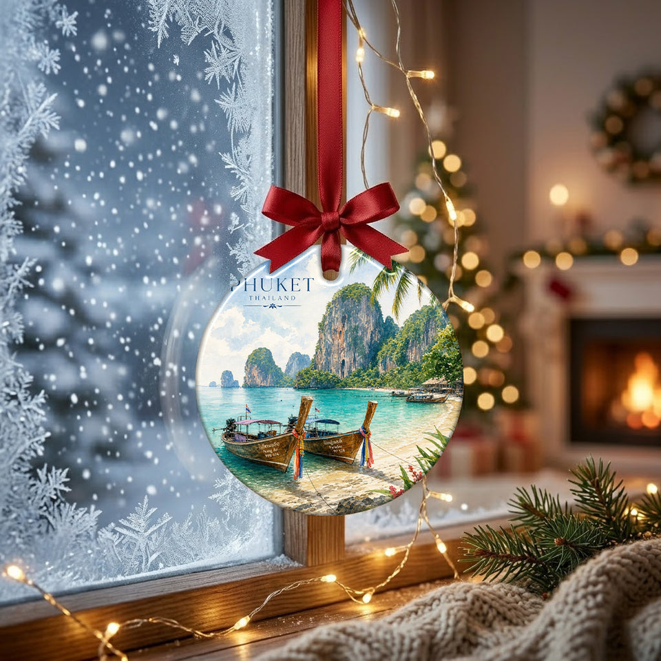 Holiday keepsake hanging in front of a frosty winter window in soft daylight.