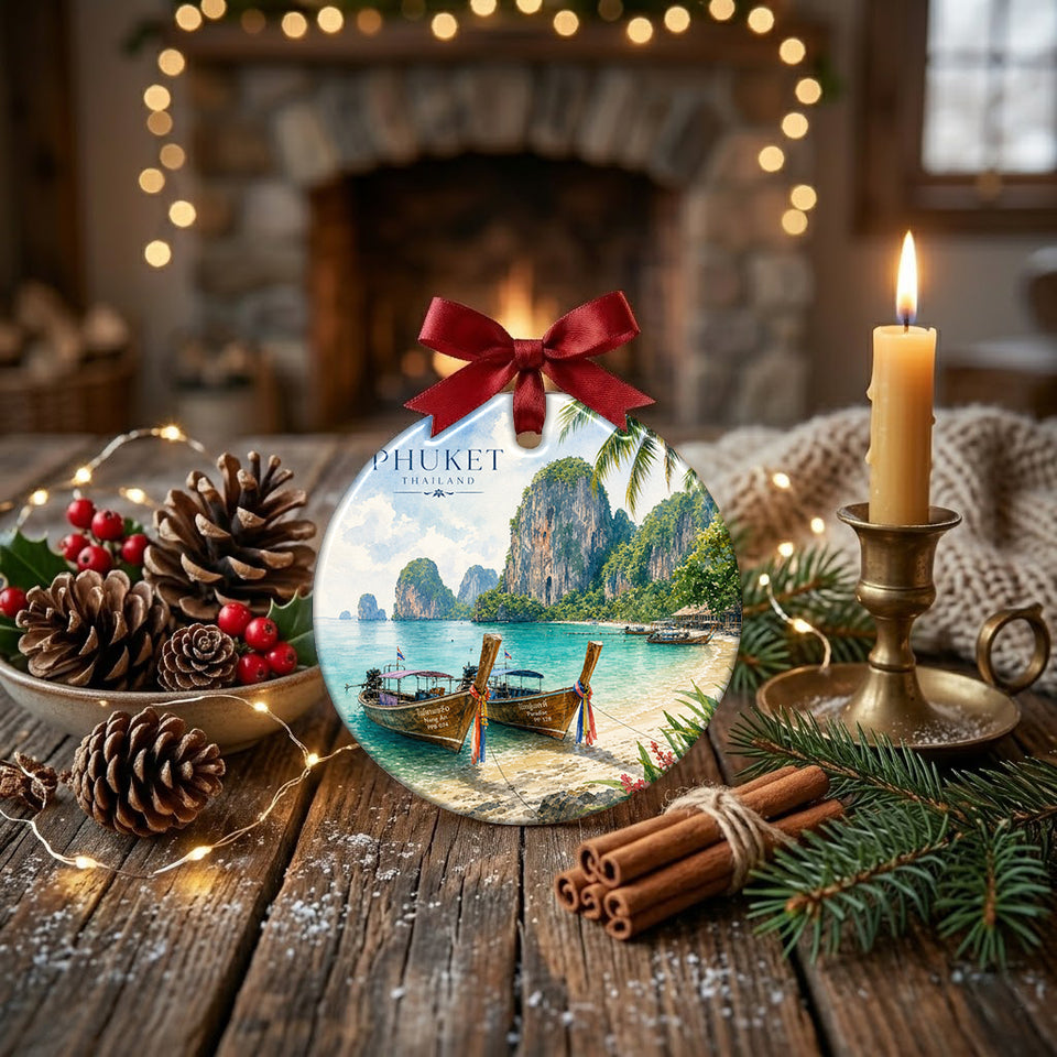 Round travel ornament styled on a rustic tabletop beside pinecones and candlelight.