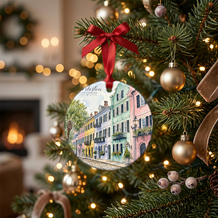 Festive Charleston souvenir placed on a rustic table next to natural pinecone accents and candlelight.