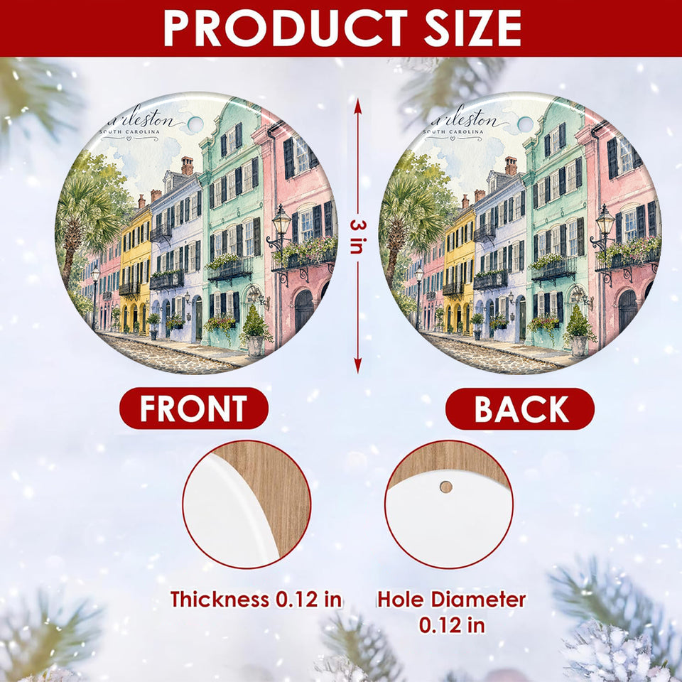 A detailed size chart showing the 3-inch round dimensions and double-sided print of the ornament.