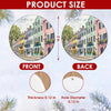 A detailed size chart showing the 3-inch round dimensions and double-sided print of the ornament.