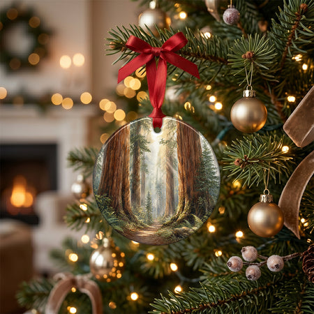 Festive holiday decoration resting on a tabletop beside natural pinecone accents and a glowing candle.
