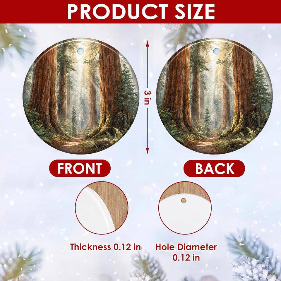 Product size chart illustrating the 3-inch diameter and double-sided print design of the ceramic ornament.