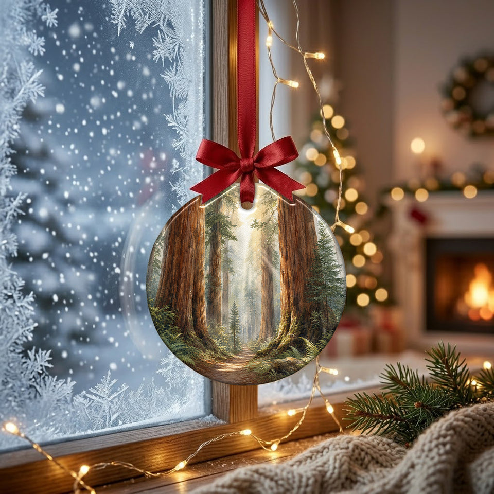 Scenic California travel keepsake displayed in front of a frosty winter window in bright daylight.