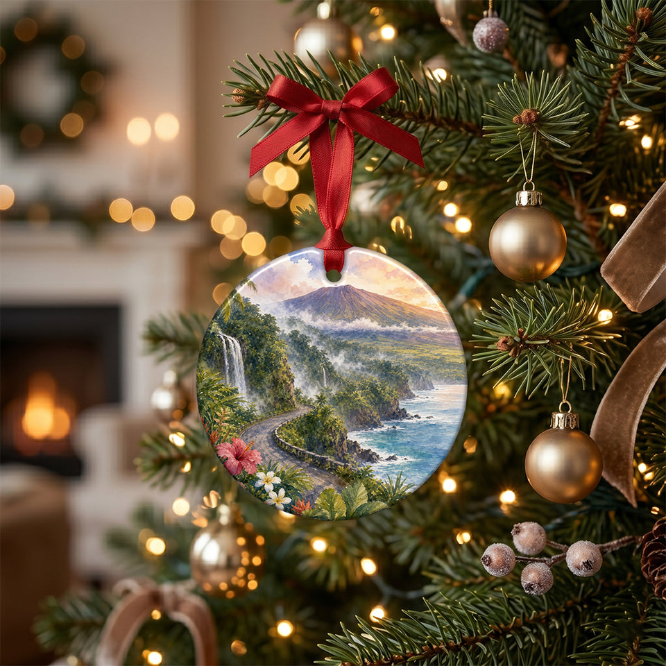 Maui holiday keepsake hanging gracefully from a branch on a lit Christmas tree.