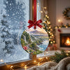 Tropical travel ornament hanging before a frosty winter window in soft daylight.