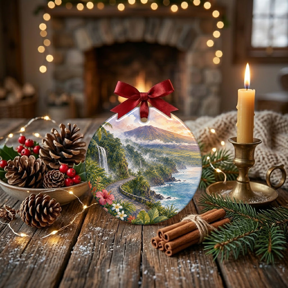 Festive holiday display placed on a rustic table beside pinecones and candlelight.