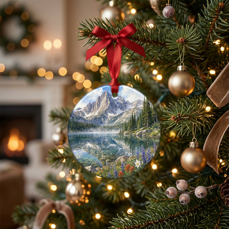 Round holiday keepsake ornament resting on a rustic table with decorative pinecones and a glowing candle