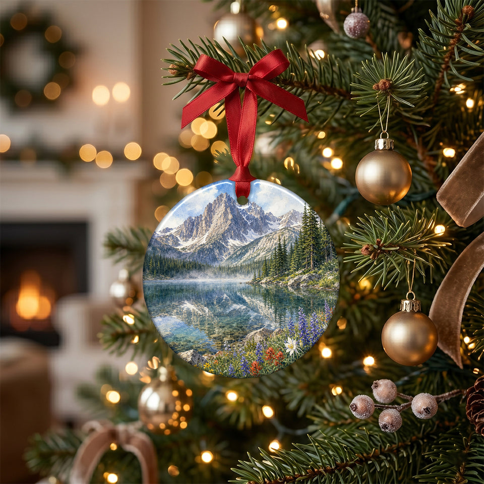 Ceramic Rocky Mountain ornament hanging from an evergreen tree branch surrounded by warm holiday lights