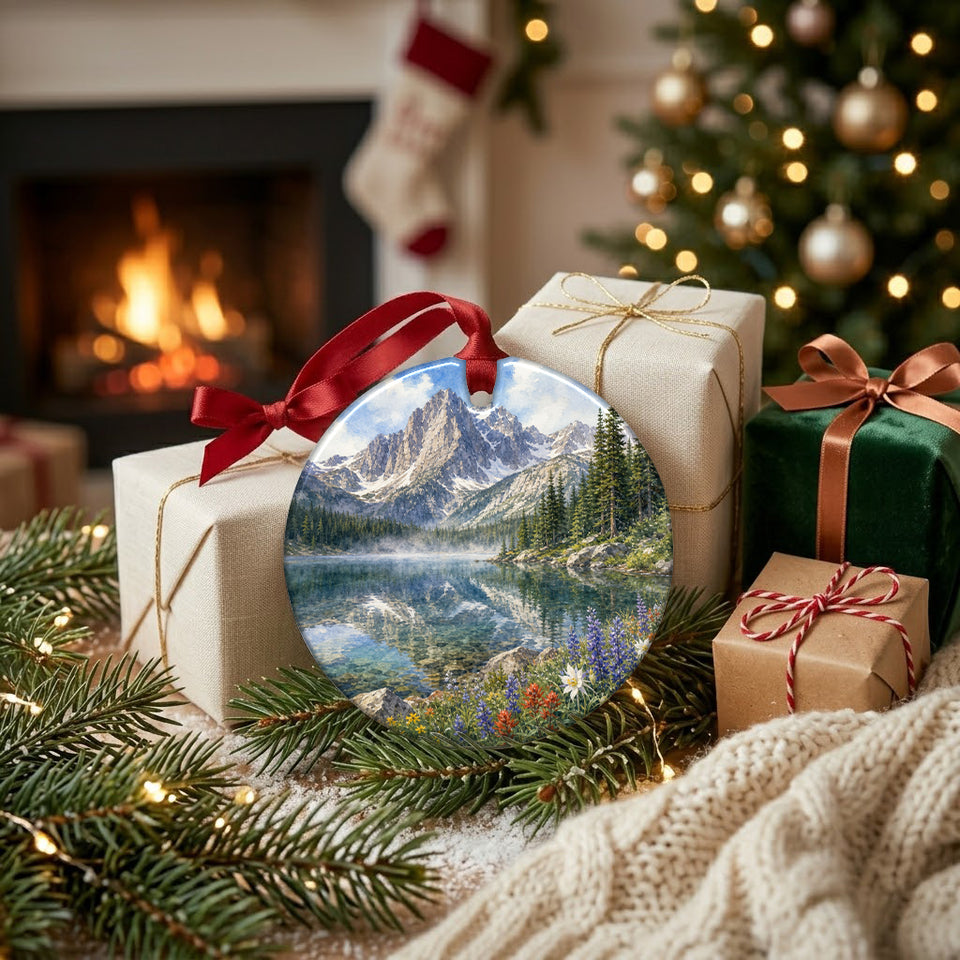 Festive mountain landscape ornament placed beside wrapped holiday gifts near a warm glowing fireplace