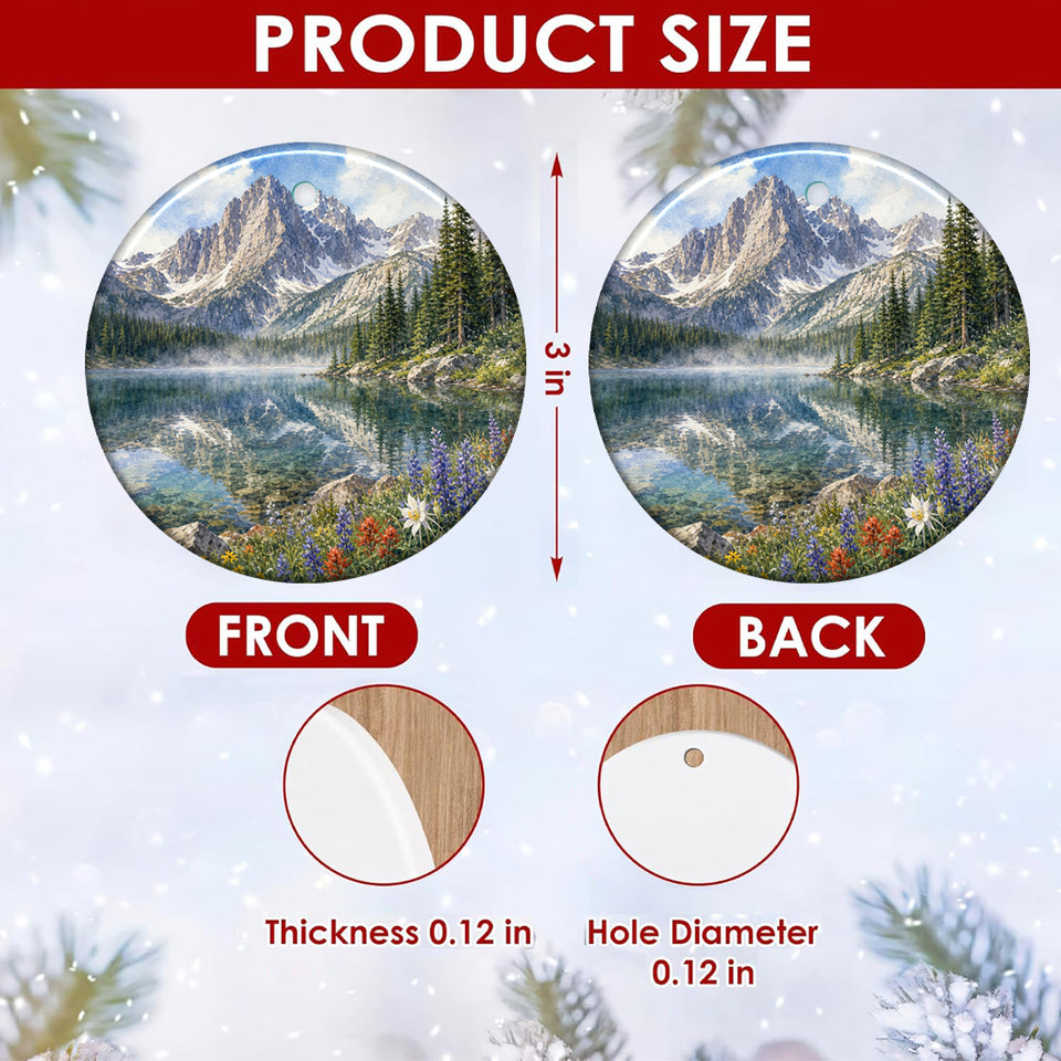 Detailed size chart showing the 3-inch round dimensions and double-sided print of the mountain ornament