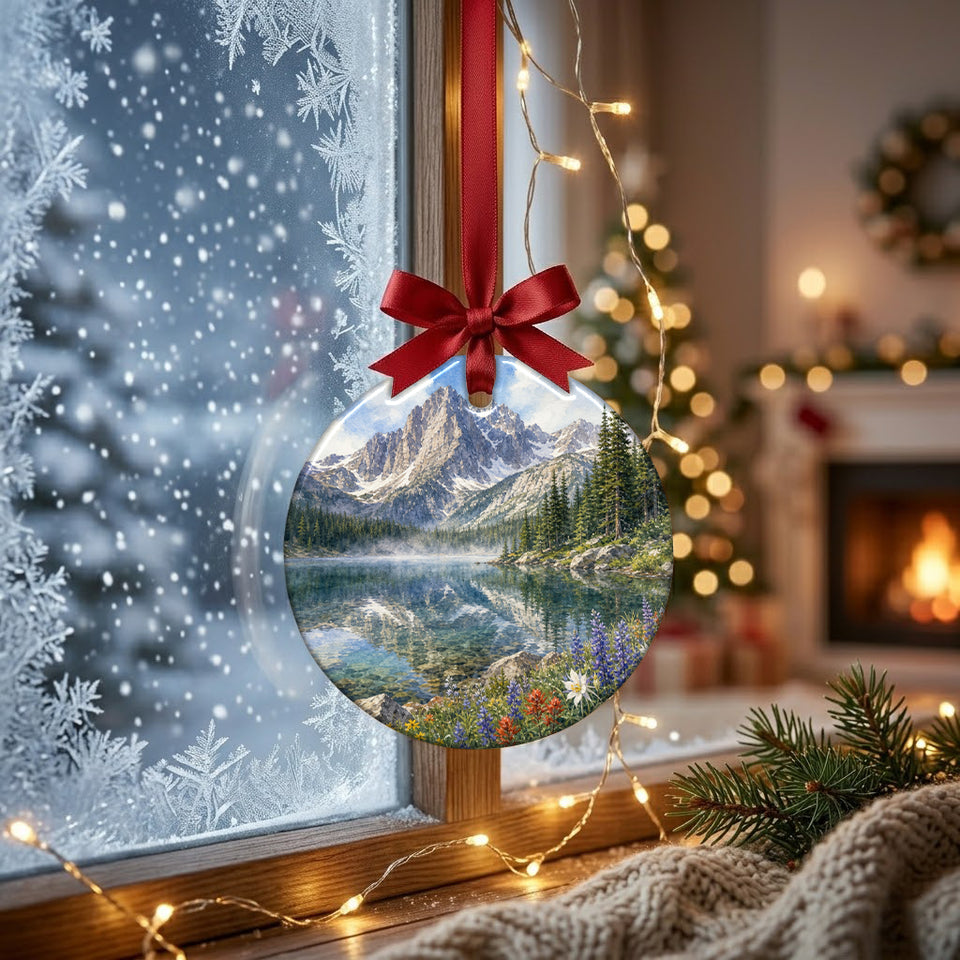 Scenic national park ornament catching natural daylight while hanging in front of a frosty winter window