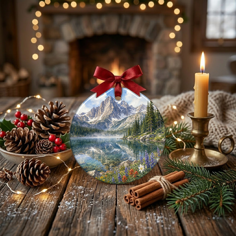 Round holiday keepsake ornament resting on a rustic table with decorative pinecones and a glowing candle