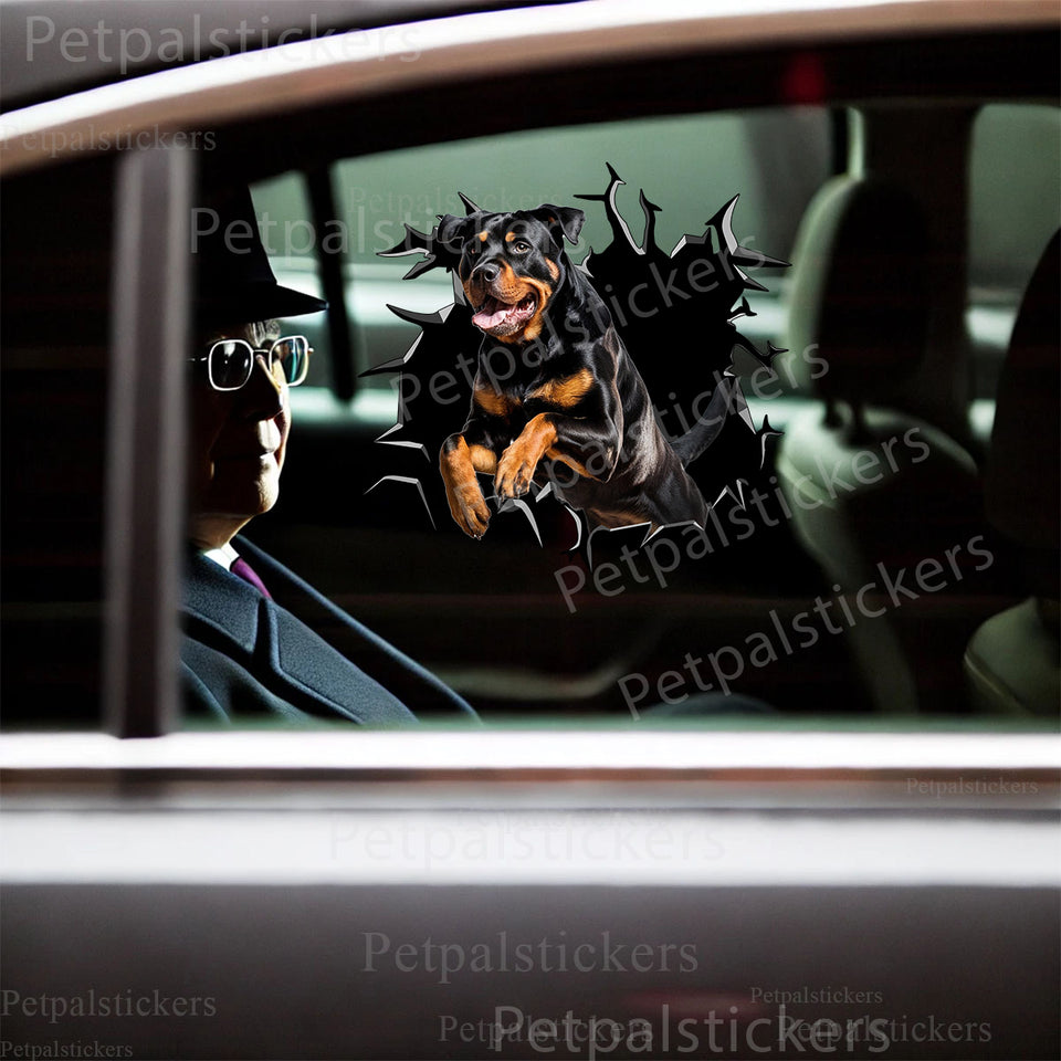 Realistic Rottweiler decal featuring a cracked glass look applied to a sleek car door exterior.