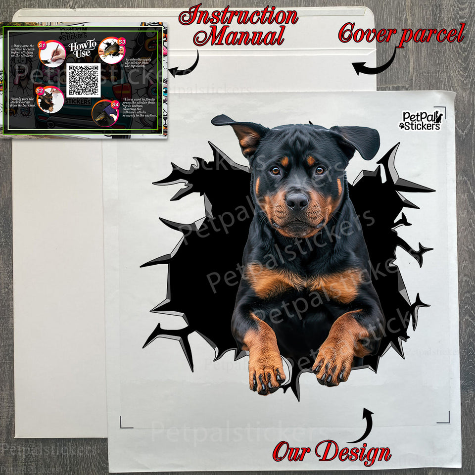 Securely boxed Rottweiler sticker package complete with easy application instructions.
