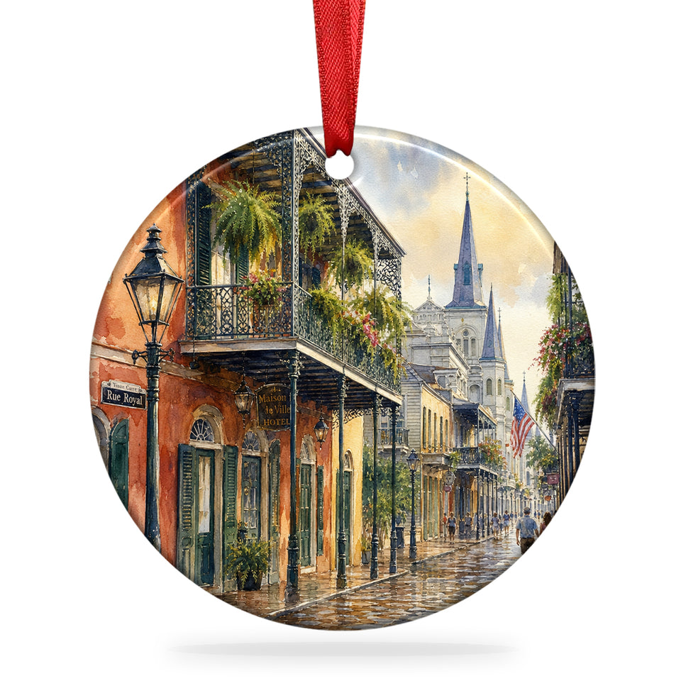 Royal Street French Quarter ceramic ornament shown on a clean white background with hanging ribbon