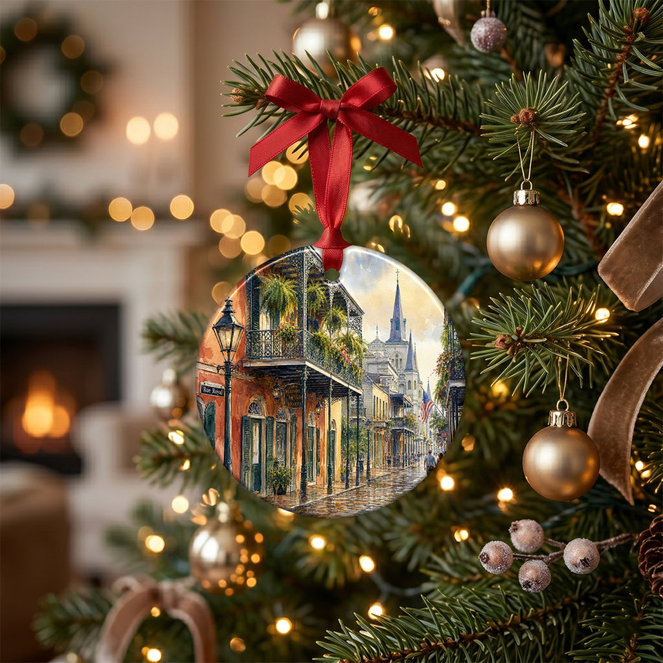 New Orleans holiday keepsake hanging gracefully from an illuminated Christmas tree branch